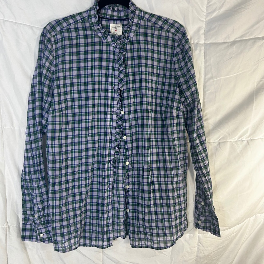 GAP Fitted Boyfriend Shirt Women's XL Plaid Ruffle Collar Long Sleev Button Down